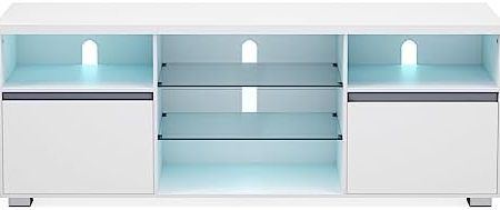 VASAGLE TV-Schrank mit LED-Beleuchtung, Fernsehtisch, TV-ständer für Fernseher bis zu 70 Zoll, mit offenen Ablagen, 2 Schränke mit Türen, 160 cm, für Wohnzimmer, weiß LTV331T10