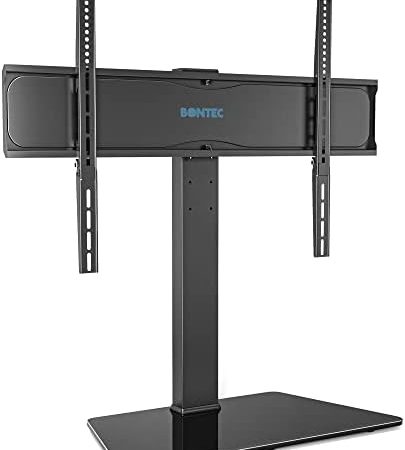 BONTEC TV Standfuss Schwenkbar für 42-86 Zoll LCD LED OLED Flach & Curved Fernseher Höhenverstellbar TV Ständer aus gehärtetem Glas, Größe TV Fußgestell, Belastbar bis zu 50 KG, Max.VESA 800x600