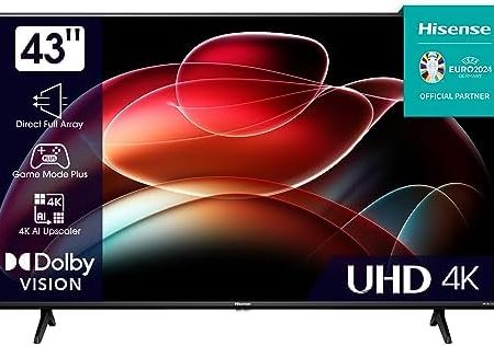 Hisense 43E6KT 108cm (43 Zoll) Fernseher, 4K UHD, Smart TV, HDR, Dolby Vision, Triple Tuner DVB-C/S/S2/T/T2, Frameless, WiFi, Bluetooth, Alexa Built-In, DTS Virtual X, Hotel Mode, Schwarz [2023]