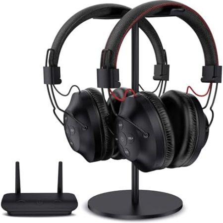 LETSACTIV Dual Wireless Kopfhörer zum Fernsehen mit Sender und Headset-Ständer, 196ft Reichweite mit optischen, AUX, RCA und USB, hohe Lautstärke, 40 Stunden Spielzeit, keine Verzögerung,Duett schwarz