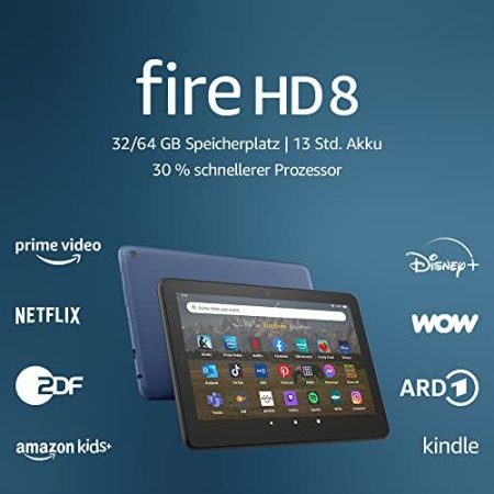 Fire HD 8-Tablet, 8-Zoll-HD-Display, 32 GB, 30 % schnellerer Prozessor, für Unterhaltung unterwegs (2022), blau, mit Werbung