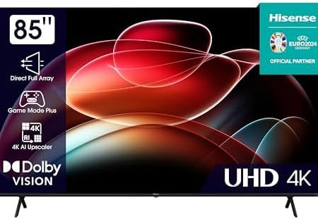 Hisense 85E6KT 215 cm (85 Zoll) Fernseher, 4K UHD, HDR, Dolby Vision, Triple Tuner DVB-C/S/ S2/ T/ T2, Smart-TV, Bluetooth, WiFi, Alexa Built-In, DTS Virtual X, Hotel Mode, Schwarz