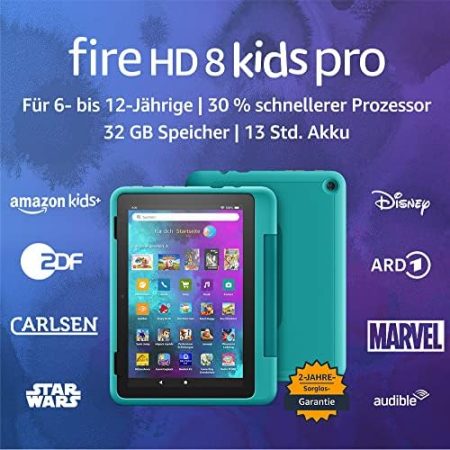 Das neue Fire HD 8 Kids Pro-Tablet, 8-Zoll-HD-Display, für Kinder von 6 bis 12 Jahren, 30 % schnellerer Prozessor, 13 Stunden Akkulaufzeit, kindgerechte Hülle, 32 GB (2022), blaugrün