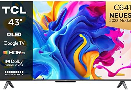 TCL C641 QLED 4K UHD Fernseher 43 Zoll (108cm), 120 Hz Gaming, HDR10+, Dolby Vision, Dolby Atmos, Smart TV, Triple-Tuner DVB-T2/S2/C, Google TV, Schwarz, 2023