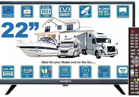 Unispectra® 22 Zoll Full HD LED Digital 240v 12v TV Free-to-Air und SAT Tuner, USB Media Player, HDMI. 12V TV für Wohnmobile, Campervan, Caravan TV, Camping, LKW, Boot, Küche, Schlafzimmer (TV)