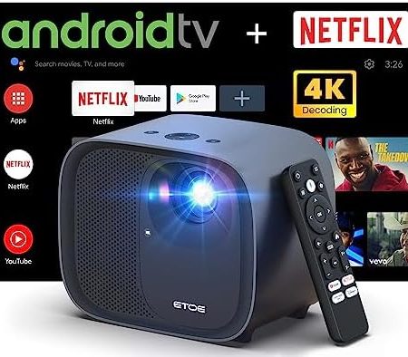 ETOE 1080P Smart Projector, Videoprojektor mit Autofokus und Trapezkorrektur, Android TV 11.0, Zwei 10-W-Lautsprecher, Netflix-Zertifiziert, Wireless Chromecast, Filmprojektor mit Tragetasche