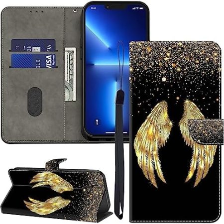 GLANDOTU Lederhülle für Xiaomi 13T / 13T Pro Hülle, Kartensteckplätzen Muster Flip Motive Wallet Handyhülle Tasche Case Schutzhülle Kompatibel mit Xiaomi 13T Pro Hülle - Goldene Flügel