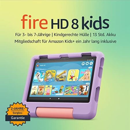 Das neue Fire HD 8 Kids-Tablet, 8-Zoll-HD-Display, für Kinder von 3 bis 7 Jahren, 2 Jahre Sorglos-Garantie, kindgerechte Hülle, 32 GB (2022), violett