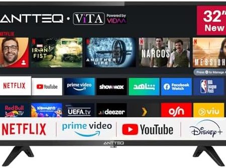 Antteq AV32 Fernseher 32 Zoll (80 cm) Smart TV mit Netflix, Prime Video, Rakuten TV, DAZN, Disney+, YouTube, UVM, WiFi, Triple-Tuner DVB-T2 / S2 / C, Dolby Audio 2024