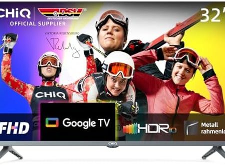 CHIQ L32H8CG 32 Zoll TV, Smart TV, FHD, Rahmenlos Metallschwarz, HDR10&HLG, Triple Tuner(DVB-T2/S2/C), Google Play, 1.5G RAM+8G ROM, Chromecast, 2.4/5G WiFi, Google Assistant, HDMI, USB, CI, Kopfhörer