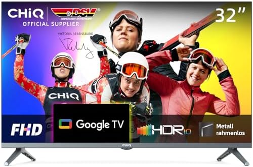 CHIQ L32H8CG 32 Zoll TV, Smart TV, FHD, Rahmenlos Metallschwarz, HDR10&HLG, Triple Tuner(DVB-T2/S2/C), Google Play, 1.5G RAM+8G ROM, Chromecast, 2.4/5G WiFi, Google Assistant, HDMI, USB, CI, Kopfhörer