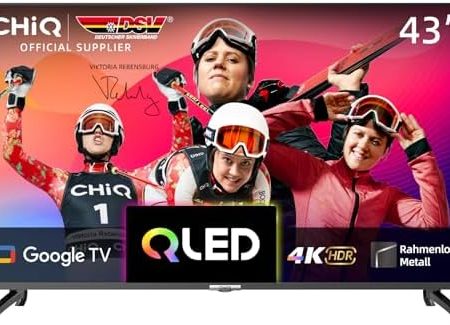 CHIQ U43QM8G 43-Zoll Smart-TV-Gerät, QLED UHD mit HDR, rahmenloses Metall-Design, Google TV, Dolby Audio, Dreifach-Tuner, 2,4G/5G WLAN, Google Assistant, HDMI 2.1, USB2.0, Modell 2023 Schwarz