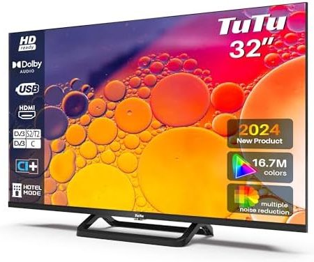 TuTu 32 Zoll TV Fernseher (80cm) LED HD Ready Dolby Audio Triple Tuner (DVB-T/T2-C-S/S2) HDMI USB-Media Player CI/CI+ Hotelmodus Randlos Mittelbasis(2024)