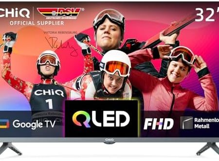 CHIQ Fernseher L32QM8G 32 Zoll QLED TV, FHD, HDR, Rahmenloses Metall-Design, Google TV, Chromecast, Google Assistant, Quad-Core CPU, WiFi, Dolby Audio, DBX-tv,Triple Tuner(DVB-S2/T2/C)