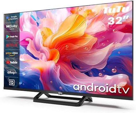 TuTu Smart TV 32 Zoll(80cm) Fernseher Android TV HD Dolby Audio Triple Tuner(DVB-T2/S2/C) Google Play Store Google Assistant WiFi Bluetooth Randlos Mittelbasis(2024)