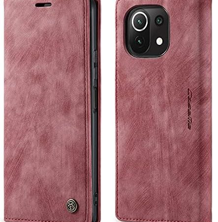 PaceBid Hülle Kompatibel mit Xiaomi Mi 11 Lite/Xiaomi 11 Lite 5G NE, Retro Luxus Leder Schutzhülle mit Kartenfächer, Magnetisches Flip Handyhülle für Xiaomi Mi 11 Lite / 11 Lite 5G NE -Rot