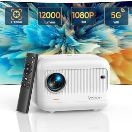 Elektrischer Fokus Mini Beamer, Video Heimkino Beamer 4K Unterstützt, 12000 Lumen Full HD 1080P 5G WiFi Bluetooth Beamer, YABER E1 Tragbarer LED Projektor Kompatibel mit Fire Stick/iOS/Android/PS5