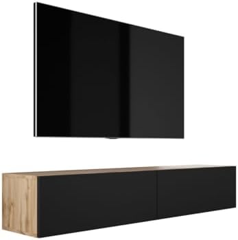 3E 3xE living.com Hängendes TV-Schrank - Modernes Design A: B: 170 cm, H: 34 cm, T: 32 cm. TV Lowboard, TV Board, TV Sideboard Hängend, WOTAN Eiche/SCHWARZ MATT