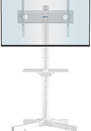 BONTEC Mobiler TV Ständer auf Rollen für 23-60 Zoll Plasma/LCD/LED Fernseher, Tragbarer TV Ständer mit Tablett, Höhenverstellbares Rollbarer TV Wagen bis zu 25kg, max. VESA 400x400mm (Weiß)