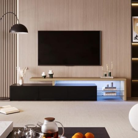 LED TV Schrank 78 Zoll TV Ständer Fernsehständer TV Medienkonsole Einheit mit 2 Ablagen Glas Ablagen Sideboard für 65 70 75 80 Zoll Fernseher Wohnzimmer Schwarz