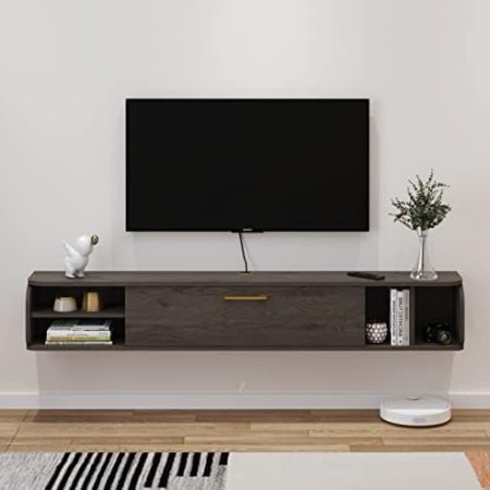 Pmnianhua TV Board Hängend, TV-Schrank TV-Board Lowboard, TV-Bank Fernsehschrank, Multimedia Wandregal Großer Speicher mit 1 Tür und 4 Schränken für Wohnzimmer Schlafzimmer & Büro (147cm, Dunkelgrau)