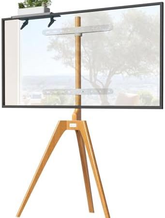 PUTORSEN TV Ständer im Staffelei Design für TV 45-65 Zoll, TV Stativ Buchenholz mit Medienablage, 45 Grad schwenkbar, max. VESA 400 x 400 mm und Belastung bis 40KG