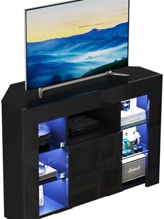 Dripex TV Eckschrank Eckkommode Lowboard mit LED Beleuchtung Fernsehrisch 100x68x40 cm, Schwarz Hochglanz