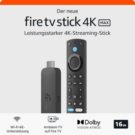 Zertifiziert und generalüberholt Amazon Fire TV Stick 4K Max, unterstützt Streaming über Wi-Fi 6E, Ambient-TV