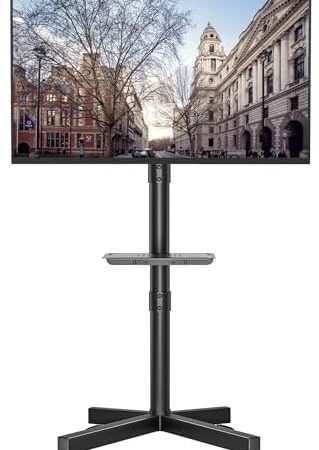 BONTEC Mobiler TV Ständer auf Rollen, Neigbar, Höhenverstellbarer Rollbarer TV Wagen mit Medienablage für 23–60 Zoll LED, LCD, OLED-Flach- und Gebogene Fernseher, hält bis zu 25 kg