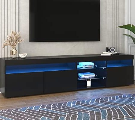 Azkoeesy TV Schrank 180cm, in Schwarz Hochglanz, mit LED-Beleuchtung, Moderner Fernsehschrank TV Lowboard TV-Kommode - 3 Türen & Glasregal, Schwarz