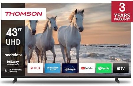 Thomson 43 Zoll (109 cm) UHD Fernseher Smart Android TV (WLAN, HDR, Triple Tuner DVB-C/S2/T2, Sprachsteuerung, Netflix, YouTube, Prime Video, Disney+) – 43UA5S13-2023