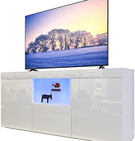 Dripex TV Schrank Lowboard mit LED Beleuchtung Weiß Hochglanz Fernsehtisch TV Board mit großem Stauraum 135x70x35 cm