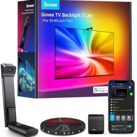 Govee TV Hintergrundbeleuchtung 3 Lite mit Fish-Eye Korrektur Funktion, Sync für 55-65 Zoll TVs, 3,6M RGBICW WiFi TV LED Strip mit Kamera, 4 Farben in 1 Lampenperle, Sprach- & APP-Steuerung