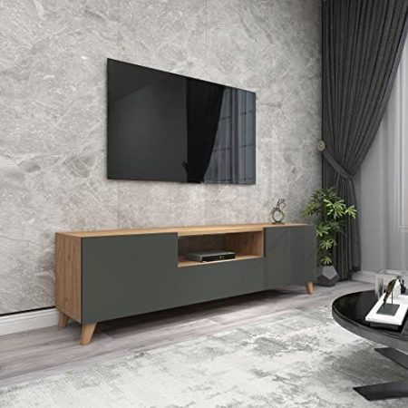 [en.casa] Fernsehtisch Torsby Fernsehschrank mit 3 Türen TV-Lowboard TV Bank 140 x 30 x 46 cm Fernsehregal für Wohnzimmer Eiche-Optik/Anthrazit