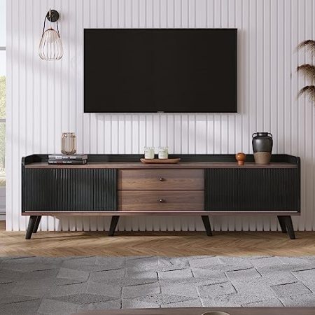 Moimhear TV-Schrank mit Zwei Schubladen, Fernsehtisch TV Board, TV- Lowboard niedrige Platte mit Zwei Schiebetüren. Exquisite Textur. Schwarz und natürliches Holzfarbe. H58/L160/T40 cm