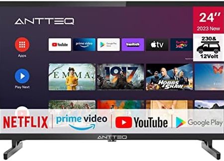 Antteq AG24N1C Android Fernseher 24 Zoll (61cm) Smart TV mit 12 Volt KFZ-Adapter, Hey Google, Chromecast, DAZN,Bluetooth-Sprachfernbedienung,Prime Video, Disney+, Wi-Fi, Triple Tuner, 230V/12V