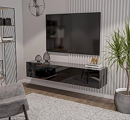 180 cm Schwarz-Hochglanz TV Lowboard TV Board Hängend Hängeschrank Wohnwand TV Möbel Fernsehschrank Fernsehtisch Sideboard HiFi 180x35x40 cm Holzwerkstoff