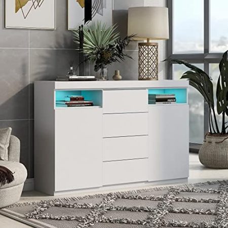 soges Sideboard Küchenschrank, Kommode mit Schublade und Schrank, weiß, TV-Möbel mit LED-Licht für Esszimmer, Wohnzimmer, Küche, 139 x 36,5 x 92 cm