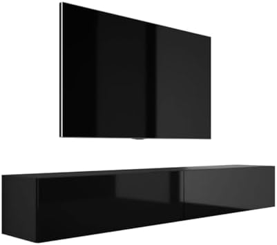 3E 3xE living.com Hängendes TV-Schrank - Modernes Design A: B: 2 x 100 cm, H: 34 cm, T: 32 cm. TV Lowboard, TV Board, TV Sideboard Hängend, SCHWARZ MATT/SCHWARZ Glanz