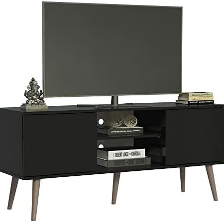 Madesa TV Schrank mit 2 Türen und 2 Regale für TV bis zu 55 Zoll, für Wohnzimmer, 136 x 40 x 60 cm, aus Holz - Schwarz