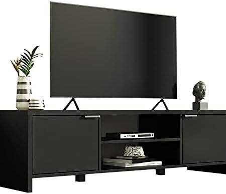 Madesa TV Schrank, TV Lowboard mit 2 Türen für Wohn- und Schlafzimmer für TV bis 65 Zoll, 145 x 38 x 40 cm, aus Holz - Schwarz