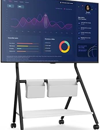 FITUEYES Design Mobiler TV Ständer Rollbar, TV Stand für 55 60 65 70 75 78 Zoll TV bis 45kg, Höhenverstellbar TV Standfuss mit Metallstruktur & Holzablage, Für Geschäft Büro Schule, Collector Serie