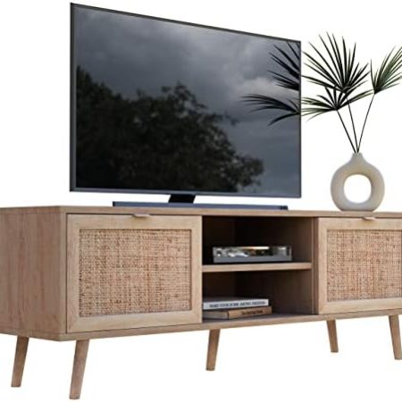 Newfurn TV Lowboard Sonoma Eiche Rattan Optik TV Schrank Modern Skandinavisch - 150x52x40 cm (BxHxT) - Fernsehtisch TV Board Rack Boho - [Mila.Eight] Wohnzimmer