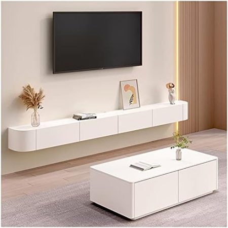 Schwebender TV-Ständer, Wand-TV-Schrank, Medienkonsole, Mit Kabellöchern, Aufbewahrungskomponenten-Regale, Für Wohnzimmer, Schlafzimmer (Color : White-A, S : 140cm)