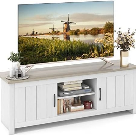 COSTWAY TV Schrank, Lowboard mit 2 Türen und offenen Regalen, TV Ständer für Fernseher bis 65 Zoll, Fernsehtisch, Fernsehschrank für Wohnzimmer, Schlafzimmer, 145 x 40 x 50 cm (Weiß + Grau)