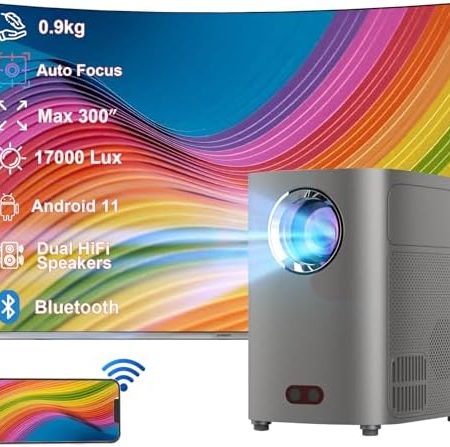 Beamer 4k Heimkino, Auto Fokus 17000LUX Android 11 Beamer, WiFi Bluetooth Beamer mit 300" Display, Dual Hi-Fi Lautsprecher für Heimkino Kompatibel mit TV Stick Smartphone/HDMI/USB/AV etc.