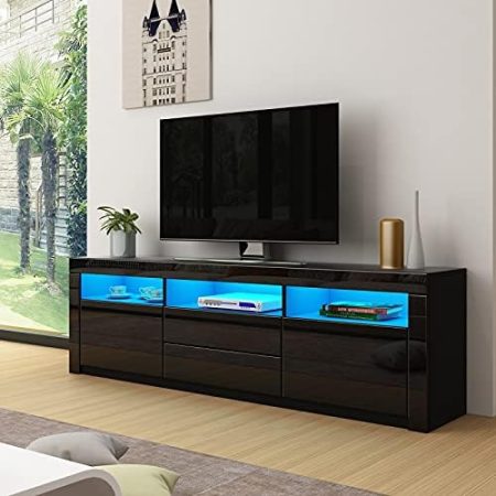 LED TV Schrank Modernes Hochglanz TV Board mit 2 Türen & 2 Schubladen Fernsehschrank für Wohnzimmer Schlafzimmer Möbel, Schwarz, 160 x 35 x 60 cm