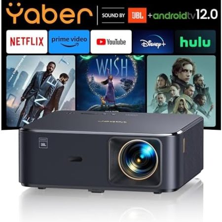 Beamer 4K mit Android TV 12.0, Sound by JBL, Dolby Audio, NFC, Autofokus, Auto Trapezkorrektur, WiFi6, Bluetooth, YABER K2s 800 ANSI 1080P Full HD Beamer Heimkino 300" Display Video Projektor Outdoor