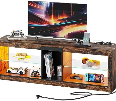 Bestier TV Schrank Lowboard für Fernseher bis zu 65 Zoll TV Board mit 3 Steckdosen und 2 USB Ladeanschluss Fernsehschrank mit lasregal und LED Beleuchtung für Wohnzimmer Schlafzimmer Retro Braun