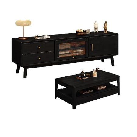 KIRANDY TV-Schrank und Couchtisch aus massivem Holz, Schwarze Vintage-Retro-Möbel for kleine Wohnzimmer (Farbe : B+D)